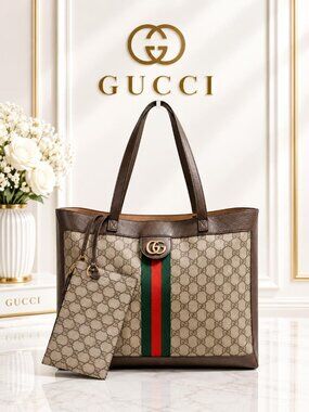 Authentic Gucci Ophidia GG Supreme Large Tote Bag Web Stripe w/ Pouch Bag